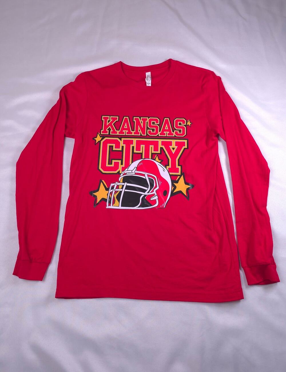 Kansas City Football Helmet Long Sleeve Shirt Bella Canvas Red Unisex M NWOT